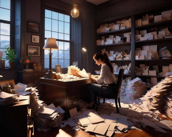 Cinematic Scene of a Young Woman Writing in Dark Study