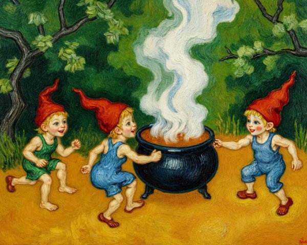 Gnomes Gather Around Cauldron in Magical Setting