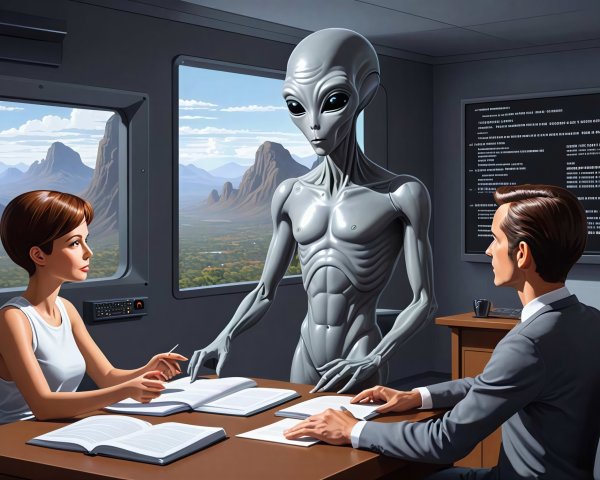 Alien and Humans in Office Setting at Meeting Table