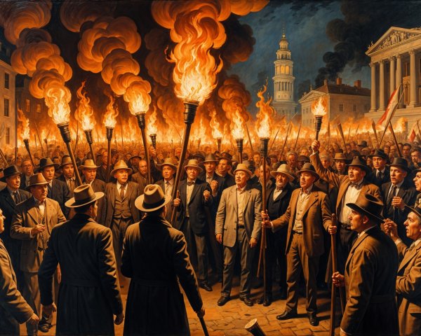 Crowd with Torches in Early 20th Century Setting