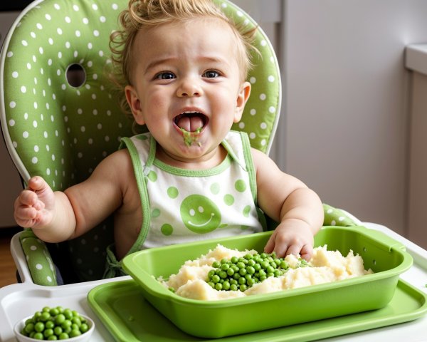 Cheerful Baby in High Chair with Messy Mealtime Food