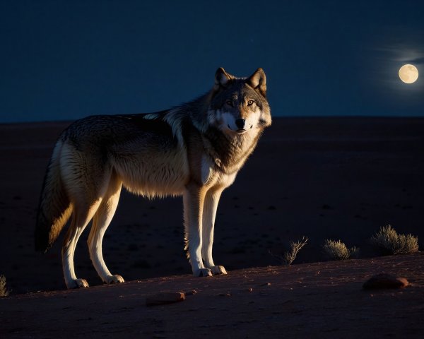 Wolf in Moonlight on Desert Landscape at Night