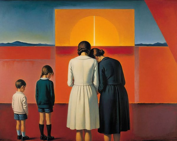 Oil Painting of Figures on Red Ground with Horizon