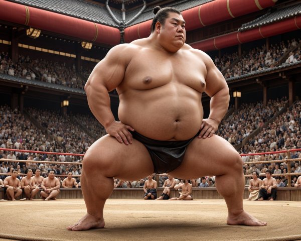 Sumo Wrestler in Traditional Stance in Arena