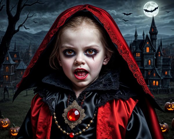 Child in Red Cloak with Spooky Halloween Setting