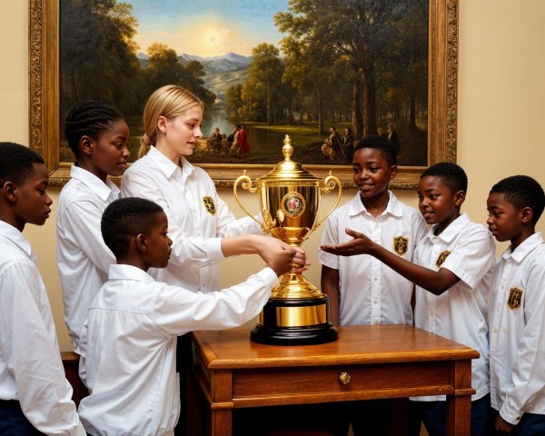 Children Celebrating with a Golden Trophy Display