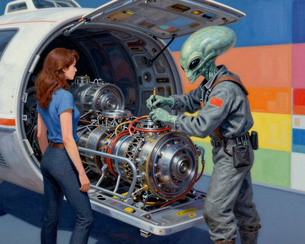Green-Skinned Alien Working on a Metallic Engine