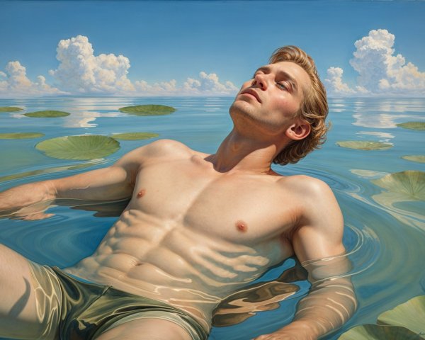 Young man floating in clear water with lily pads