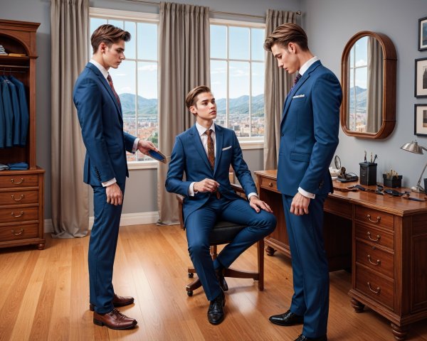 Young Men in Stylish Suits Discuss in Office Setting
