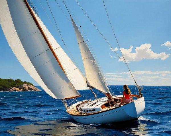 Sailboat on Deep Blue Ocean with Rocky Island Background