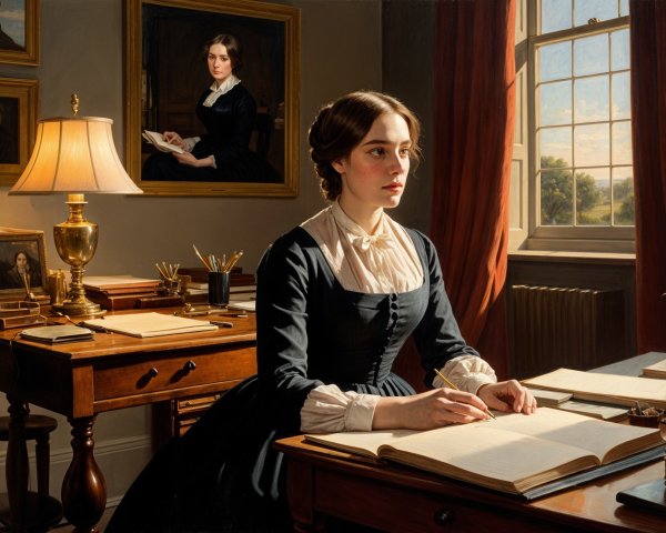 Young Woman Writing at a Wooden Desk in Warm Room
