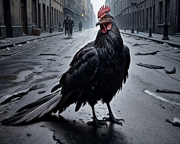 Black Chicken in Foggy Urban Street Scene