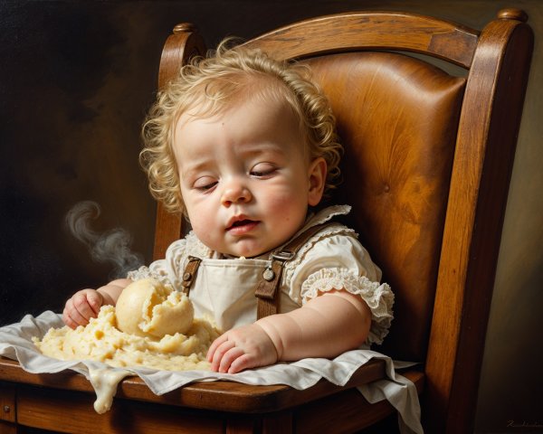 Toddler in High Chair with Mashed Potatoes and Ice Cream
