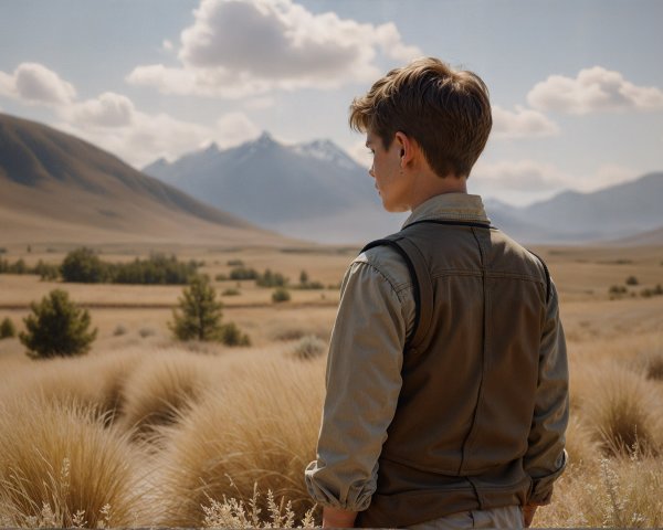 Young person in serene landscape with rolling hills