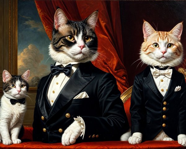 Whimsical Portrait of Elegantly Dressed Cats
