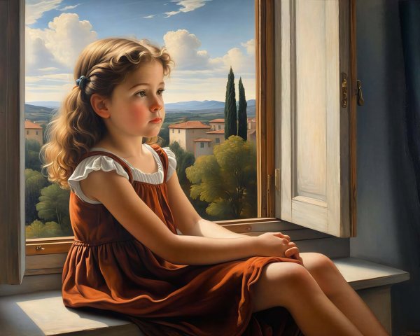Painting of a Girl at a Window Overlooking a Village