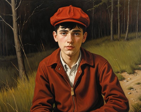 Young Man in Red Cap Seated in Natural Setting