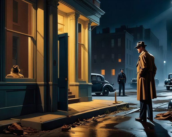1940s Nighttime Street Scene with Detective and Police