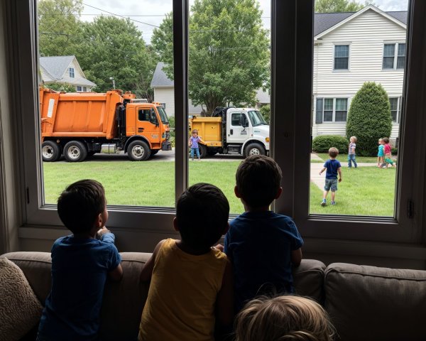 Children Observing Garbage Trucks from a Couch