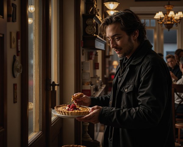 Young man with pie in cozy café setting