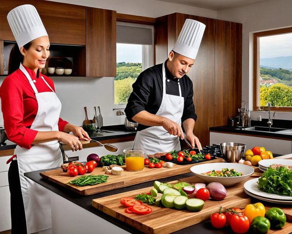 Chefs Preparing Ingredients in a Modern Kitchen Setting
