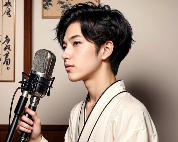 Young Person in Kimono with Vintage Microphone