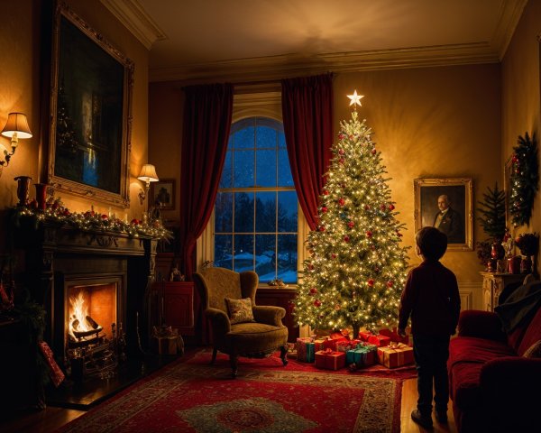 Cozy Living Room with Christmas Tree and Snowfall