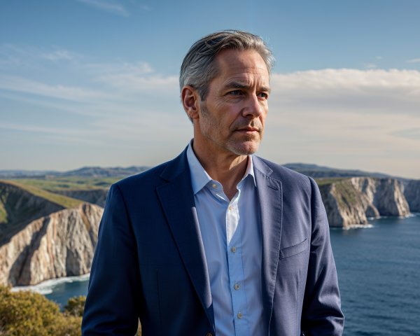 Middle-aged man in suit on cliff by coastal landscape