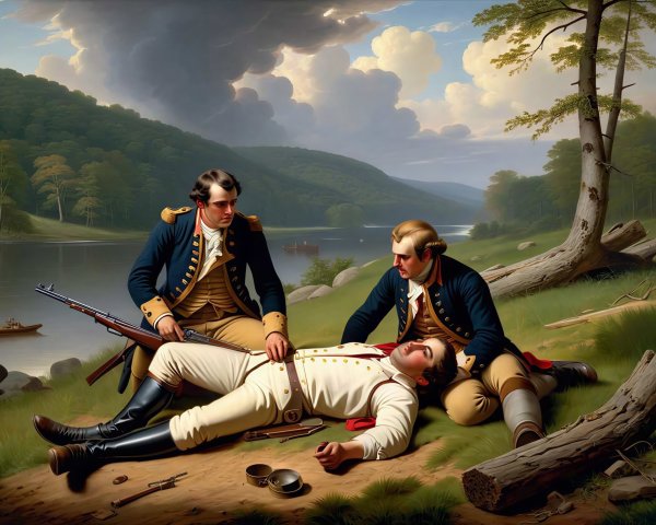Colonial Soldiers Assisting Wounded Man by Riverbank