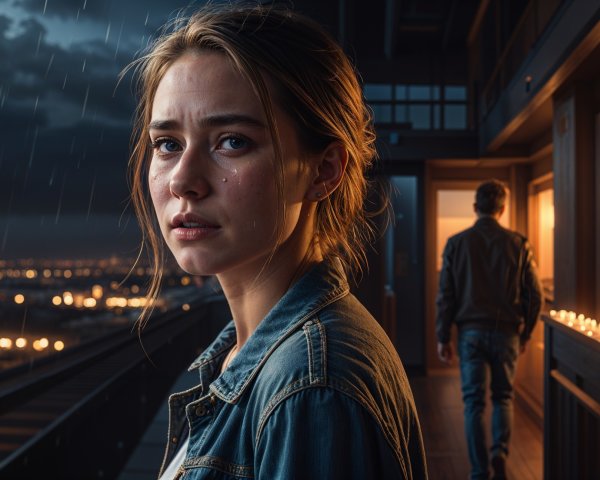 Young Woman in Dim Urban Setting with Raindrops