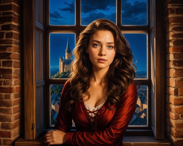 Young woman in historical blouse by a window with landscape