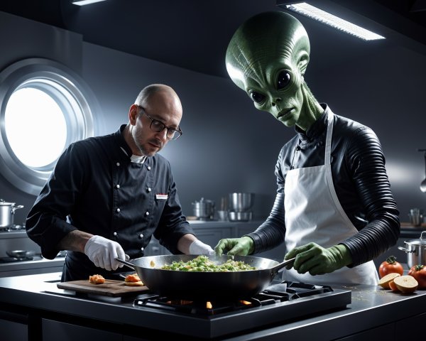 Futuristic kitchen with chef and alien preparing vegetables