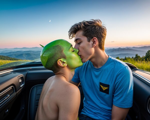 Couple Kissing in Convertible with Mountain Backdrop
