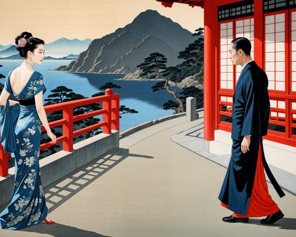 Woman in Blue Kimono Overlooking Tranquil Landscape