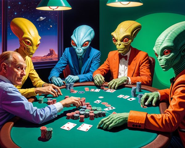 Aliens and Human Playing Poker in Cosmic Setting