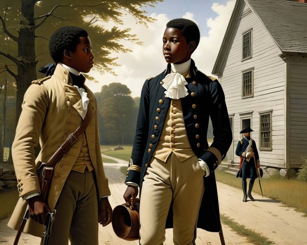 Young African men in period clothing on a dirt path