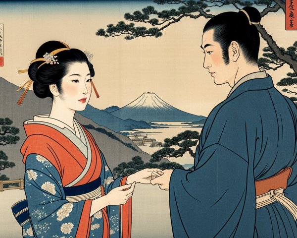 Couple in Kimono by Mount Fuji in Traditional Scene