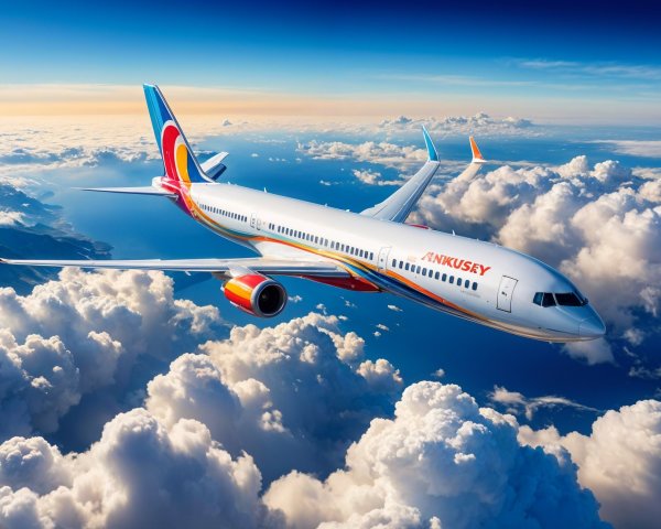 Commercial airplane flying above clouds with vibrant livery