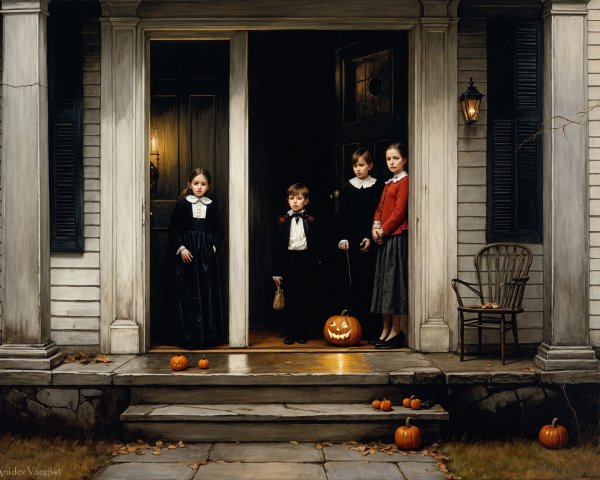 Children in Vintage Costumes on Porch with Pumpkins