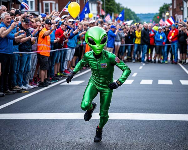 Festive Street Scene with Alien Costume and Crowds