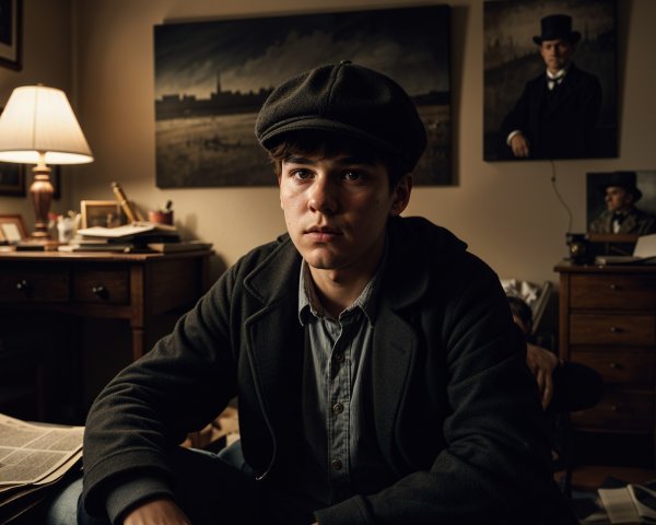 Young man in thoughtful pose in vintage room setting