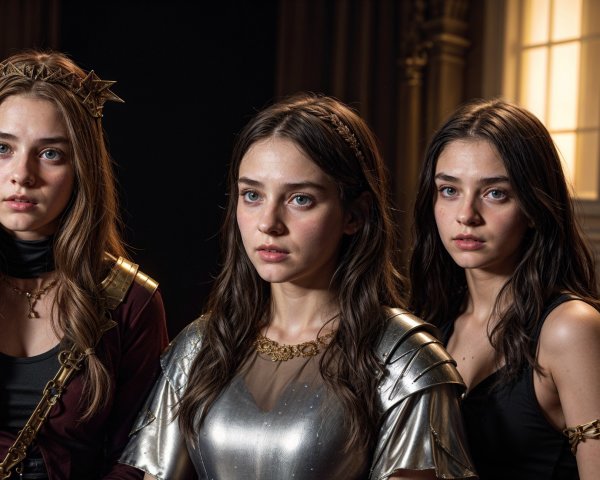 Three Young Women in Distinct Attire and Expressions