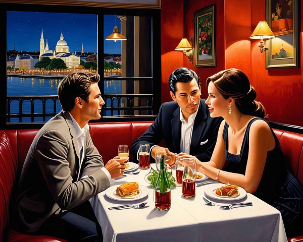 Three diners at a restaurant table with city views