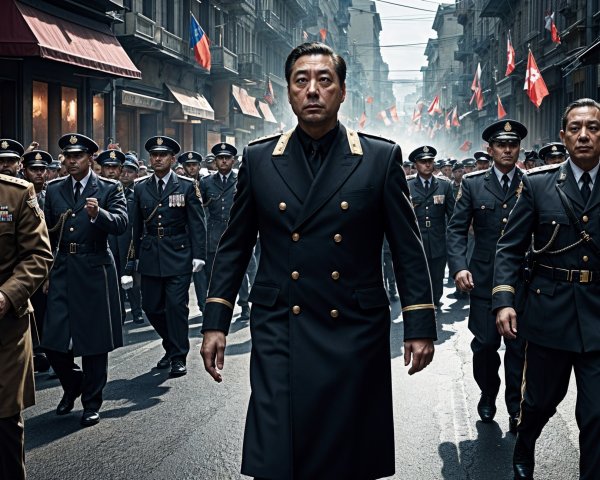 Uniformed Officers Marching Through Historic Street