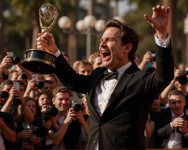 Man in Tuxedo Celebrates with Emmy Award and Crowd