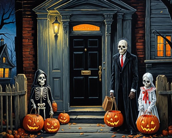 Haunted Halloween Scene with Skeletons and Pumpkins