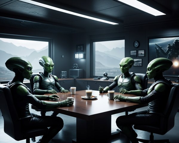 Aliens in Futuristic Room Discussing Over Mountain View
