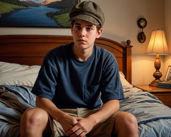 Young man in casual attire on a cozy bed setting