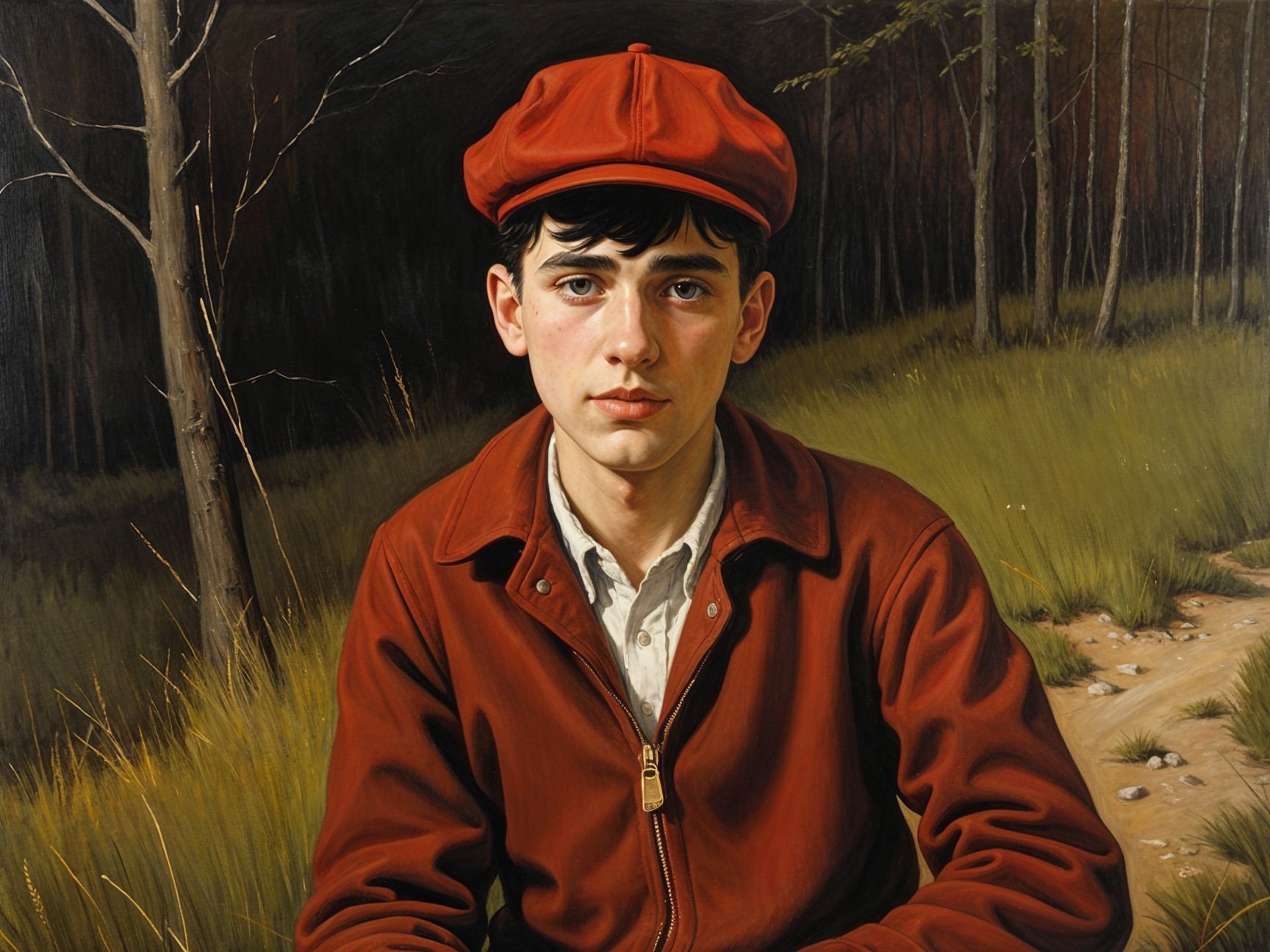 Young Man in Red Cap Seated in Natural Setting