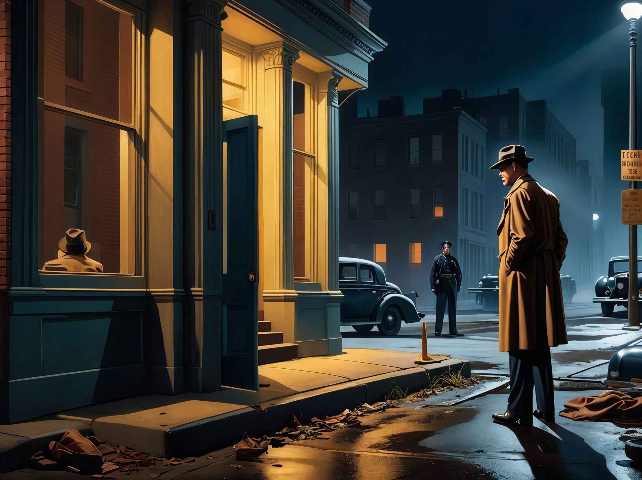 1940s Nighttime Street Scene with Detective and Police